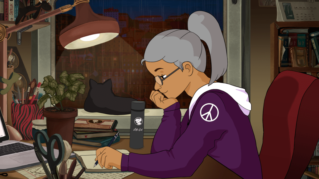 gren's version of the lofi girl with a black kitty