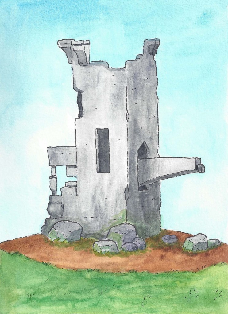 watercolor painting of a broken down castle tower