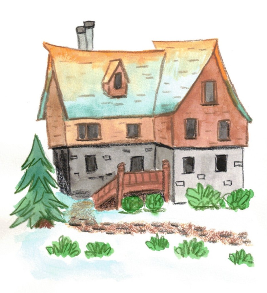 watercolor and pencil drawing of a house in loose playful style