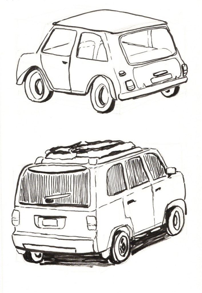 ink sketches of cars