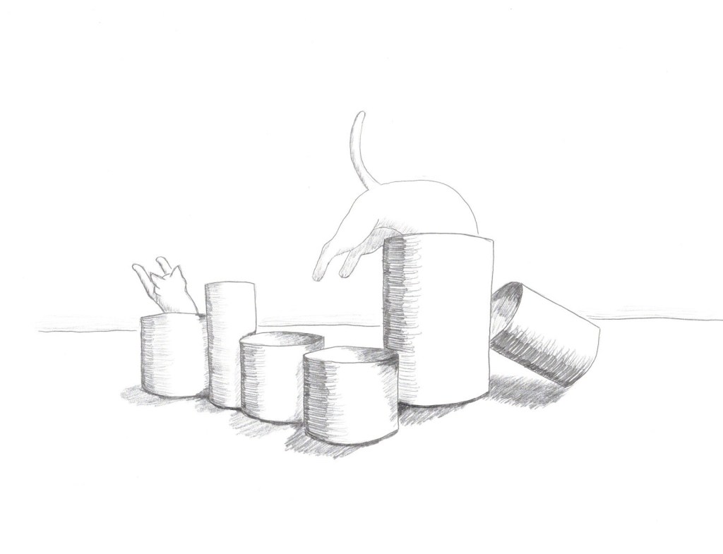 pencil sketch of cylinders and cats