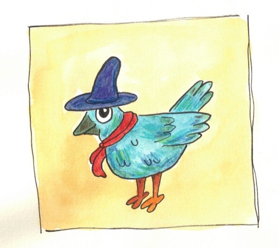 watercolor sketch of a cartoony bluebird with a cute red scarf and a purple witch's hat