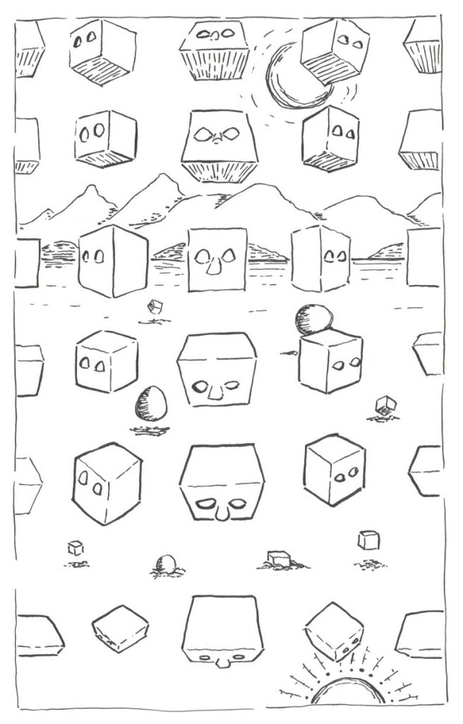 ink sketch of boxes rotating in space, each box has simple eyes, there are mountains in the background