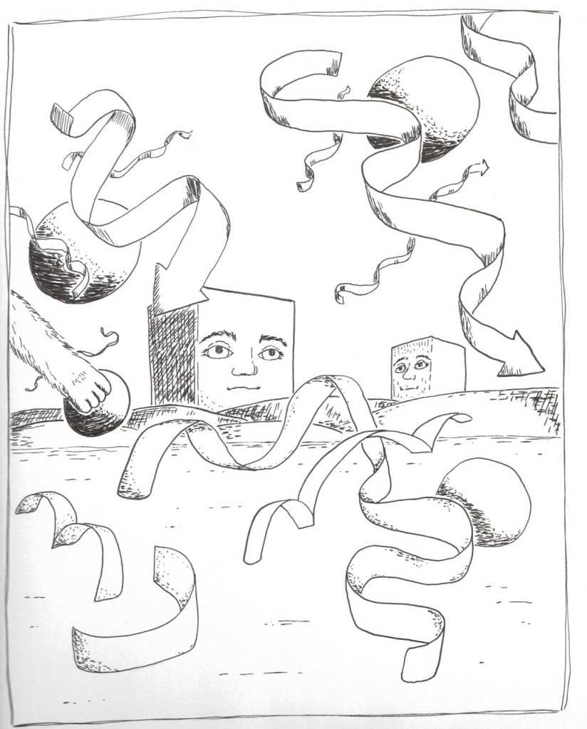 ink sketch of ribbons and arrows floating above a plain of rolling hills, there are two large cubes in the distance with calm faces on them